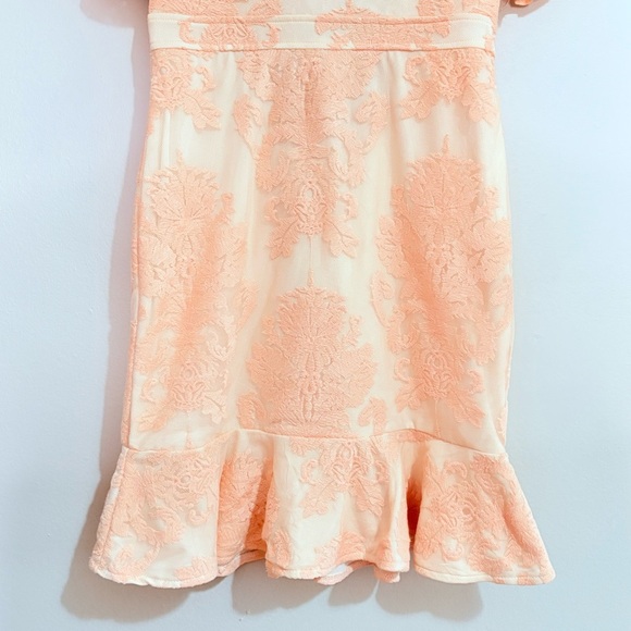 Cream & Pink Lace Dress w Flutter Sleeve & Ruffle Trim Open Back w Pink Tie Bow - Picture 6 of 16